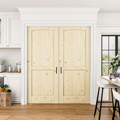 Interior 2-Panel Pine Wood Door, Colonial Natural Solid Pine Double French Doors, Includes Frame & Matte Black Hardware-Ball Catches & Hinges & Handles, Pre‑Finished & Waterproof, Pantry, Bedroom, Bathroom & Closet, Easy DIY Stain, 64"x 80"