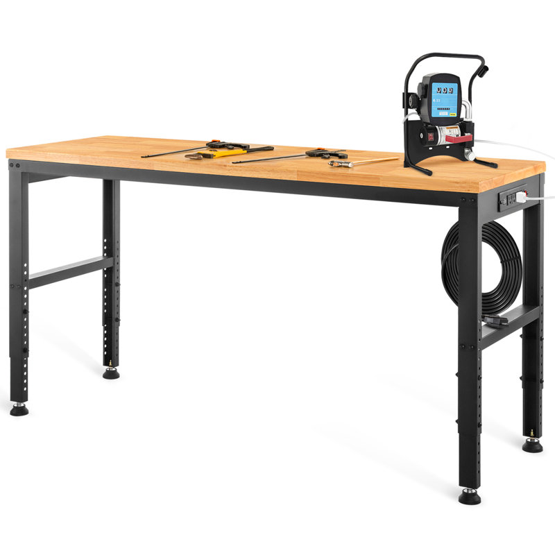 Adjustable Height Wood Workbench with Metal Frame and Power Outlets, 36" H x 61" W x 20" D