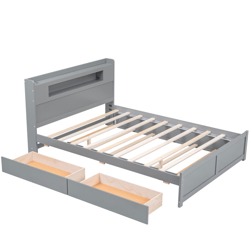 Grand lit plateforme en bois avec rangement à DEL, 2 tiroirs et 1 lit gigogne simple, gris
