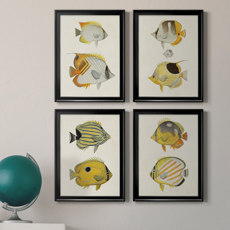 Jaune et gris poisson I, toile encadrée de qualité supérieure - prête à être accrochée, H 30,5 po x l 90 po x P 1 po