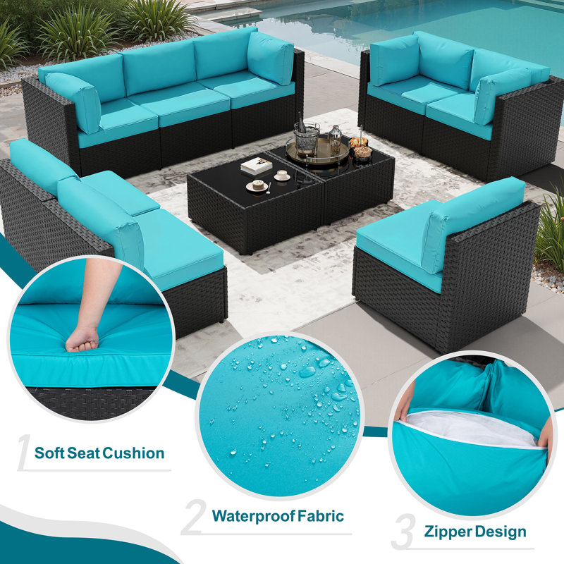 8-Person Outdoor Sectional Seating Group with Cushions, Blue, Black