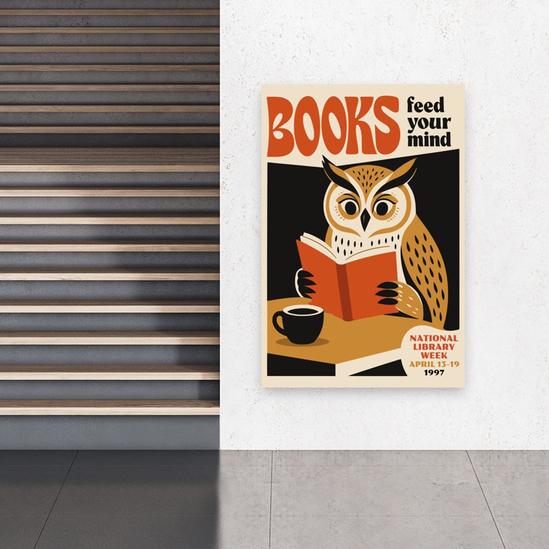 Affiche murale vintage représentant un hibou sage lisant un livre, style rétro, architecture de forêt., H 60 po x l 40 po
