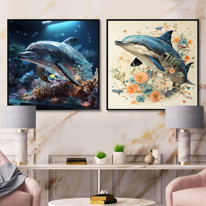 Dolphin Happiness - animaux, ensemble de 2 collages carrés de dauphins, Cadre flottant noir, H 16 po x l 33 po