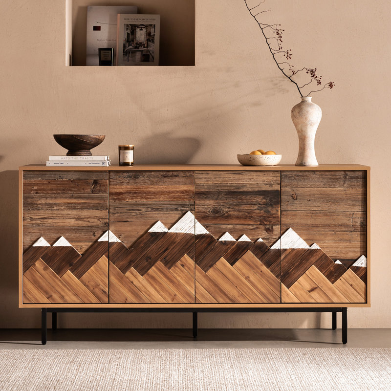 Rustic Mountain Pattern 4-Door Sideboard Buffet Cabinet with Adjustable Shelves, Wood Accent Cabinet for Living Room Entryway Dining Room