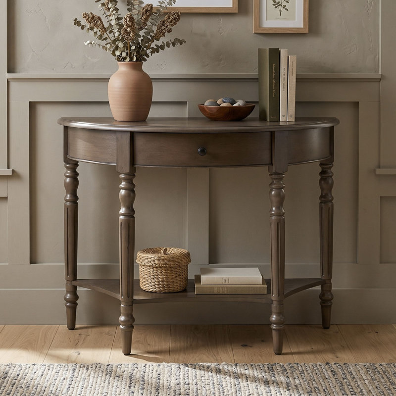 Console demi-lune de style champêtre avec tiroir et tablette inférieure pour entrée