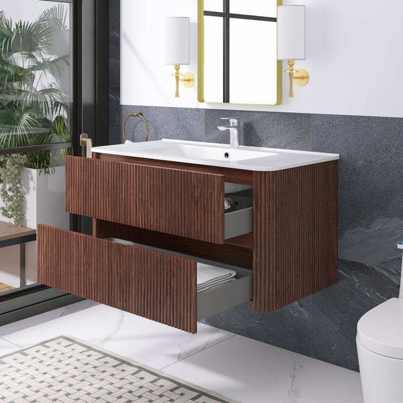 36 po W Meuble-lavabo mural simple en noyer foncé avec lavabo en céramique blanche