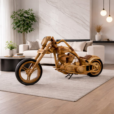 Decorative Wooden Motorcycle Sculpture for Home Decor – Handcrafted Accent Piece Adds Artistic Detail to Living Room or Office Spaces – 40", Brown