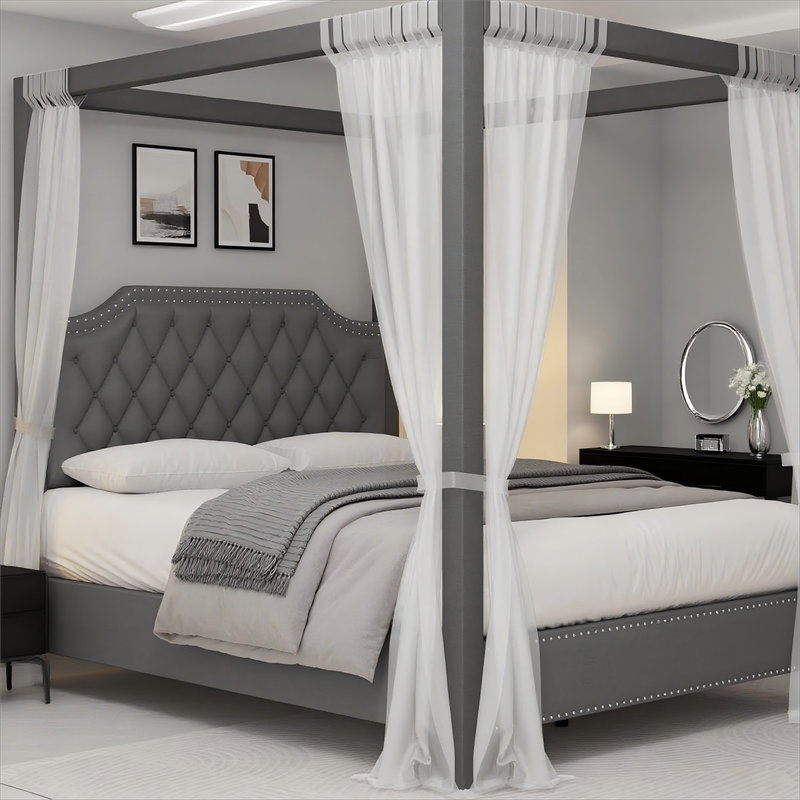 Upholstered Canopy Bed Frame with Tufted Headboard, Nailhead Trim, No Box Spring Needed, Full , Gray