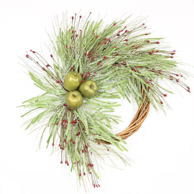 26" Artificial Farmhouse Twig Apple Greenery Frozon Grass Red Berries Winter Christmas Fruits Wreath For Front Door Xmas Holidays Decor