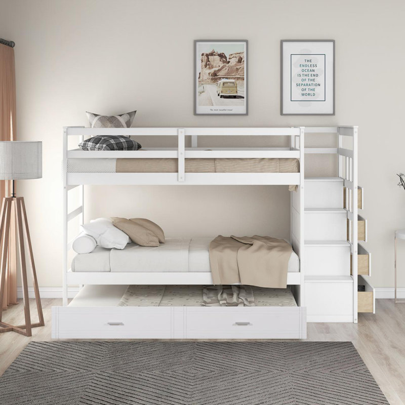 Arowyn Kids Twin Over Twin Bunk Bed with Trundle with Drawers, White