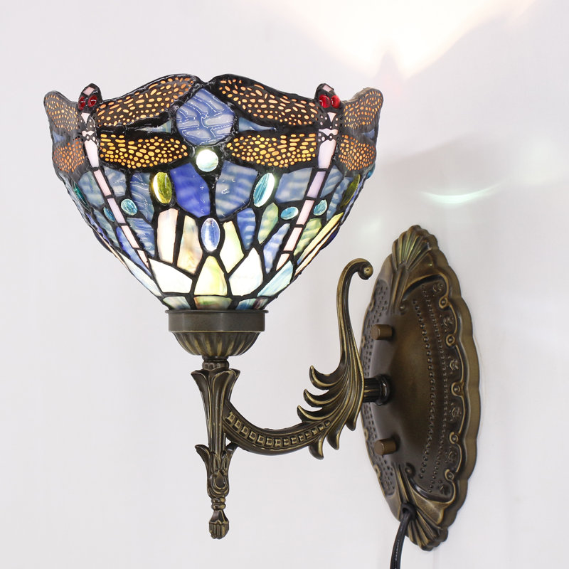 Tiffany Wall Sconce Lamp Stained Glass 8X10.5X11 Inch Plug in Wall Bedside Light for Hallway Bedroom (Blue Cloudy Dragonfly Style)