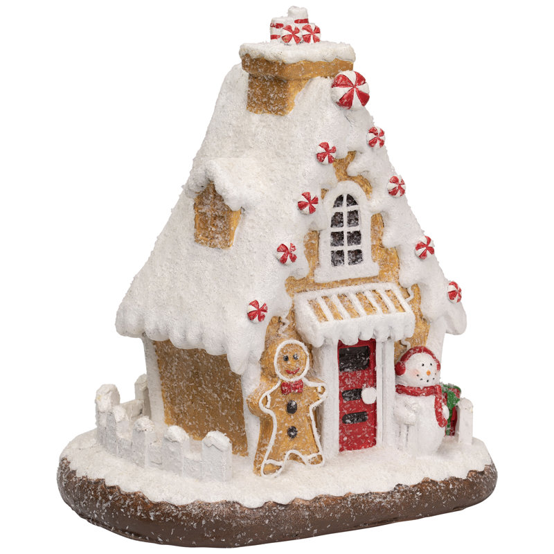 Snowy Gingerbread Peppermint House With Snowman Christmas Decoration - 11"