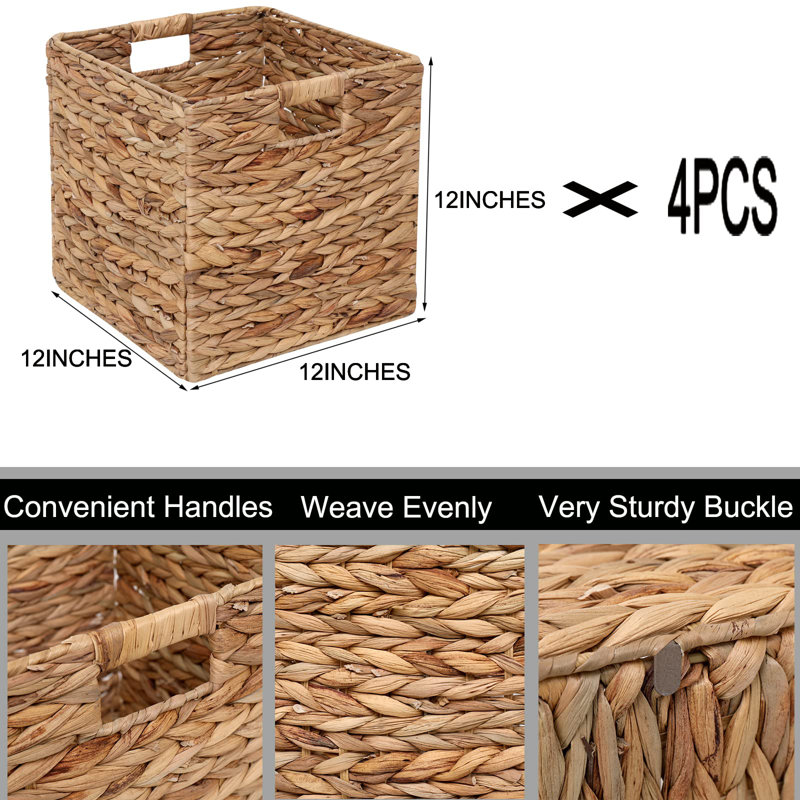 Foldable Handwoven Water Hyacinth Storage Baskets Wicker Cube Baskets Rectangular Laundry Organizer Totes,Set Of 4 Pcs.