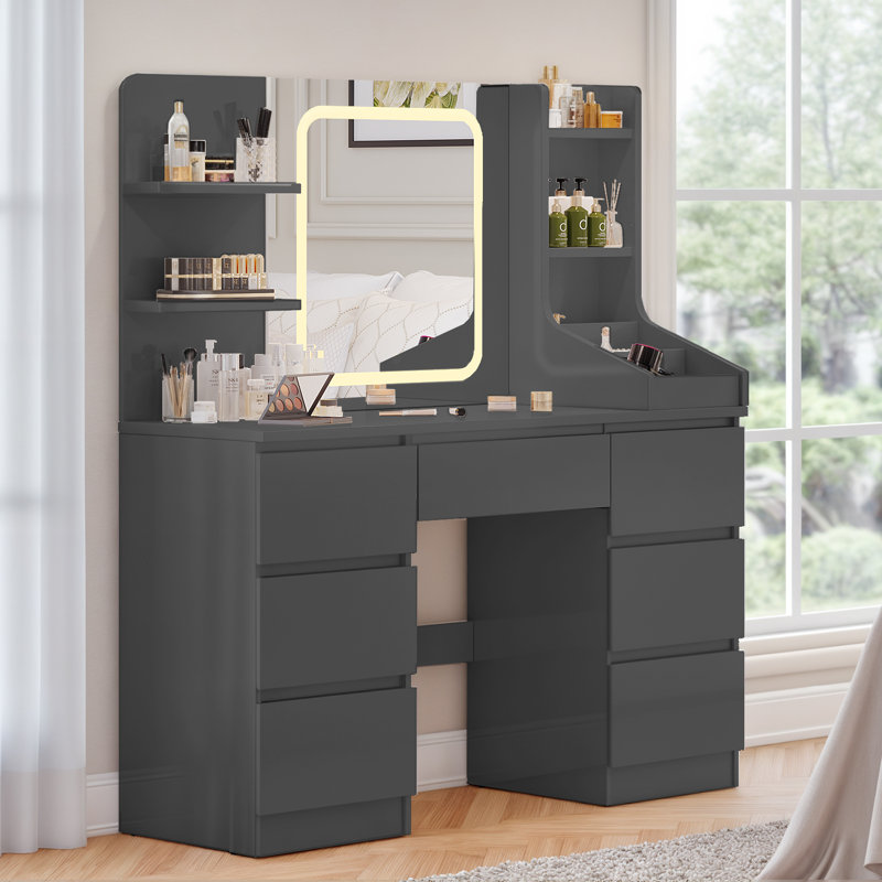 LED Dressing table 7 Drawers and 7 Storage Shelves Dressing Table With Mirror Large Desktop Makeup Desk, Black