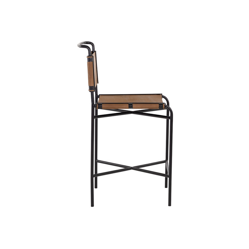 Cognac Leather and Black Steel Counter Stool with Full Back