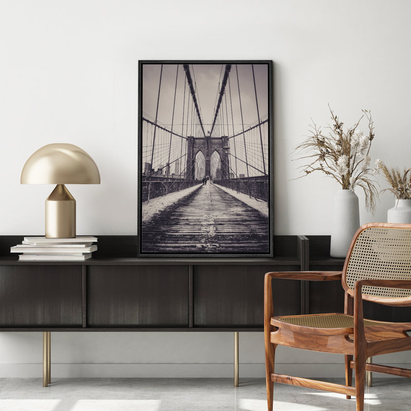 Architecture Building  Bridge in New York City Photograph Classic Pictures Framed On Canvas Print Wall Art, Black