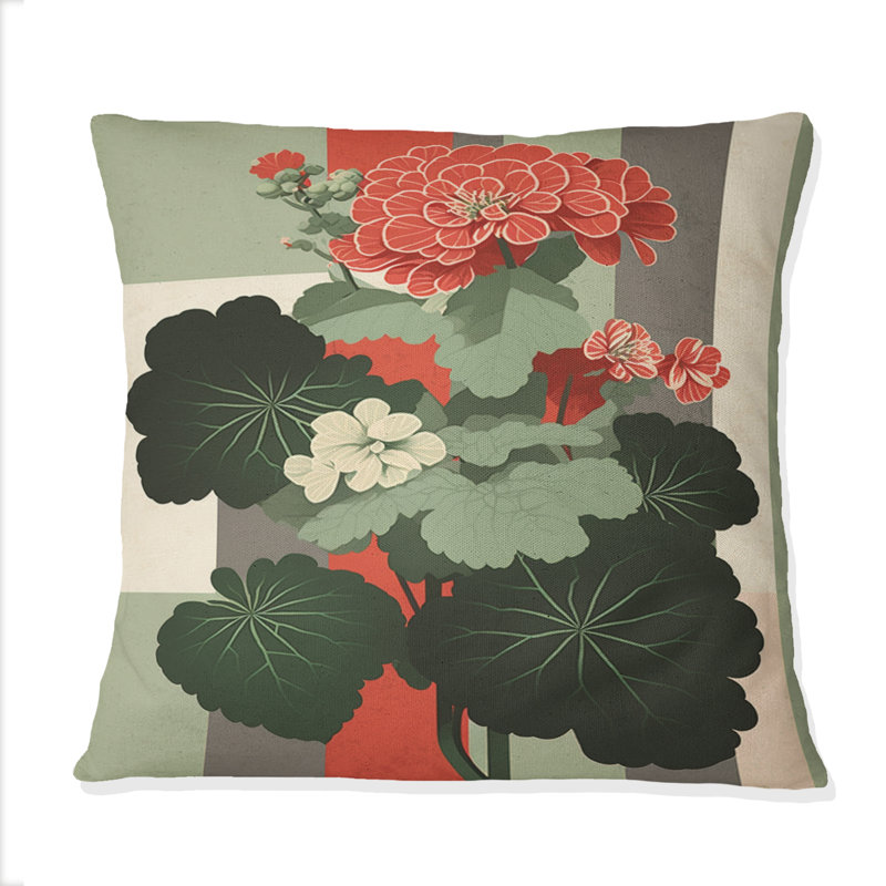 Coussin décoratif rétro en géranium rouge et vert IV