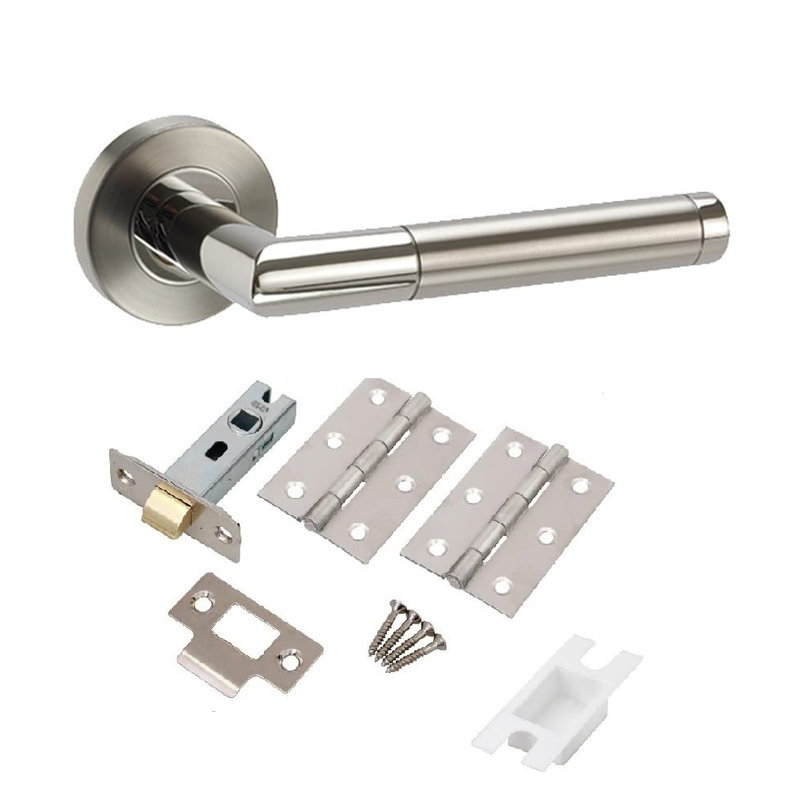 Golden Grace 1 Set Mitred Style Door Handles on Round Rose in Dual Finish Complete with Hinges and Latch