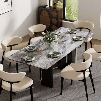 79'' Luxurious Dining Table for 4-6, Unique Sintered Stone Texture Dining Table, Double Wood and Steel Legs