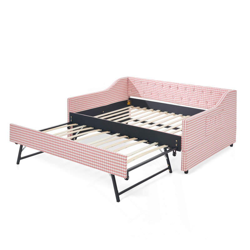 Lit de jour pleine grandeur, lit de jour convertible rembourré avec dossier capitonné, canapé-lit polyvalent 3 en 1 avec lit gigogne escamotable et rangement latéral, parfait pour une vie compacte