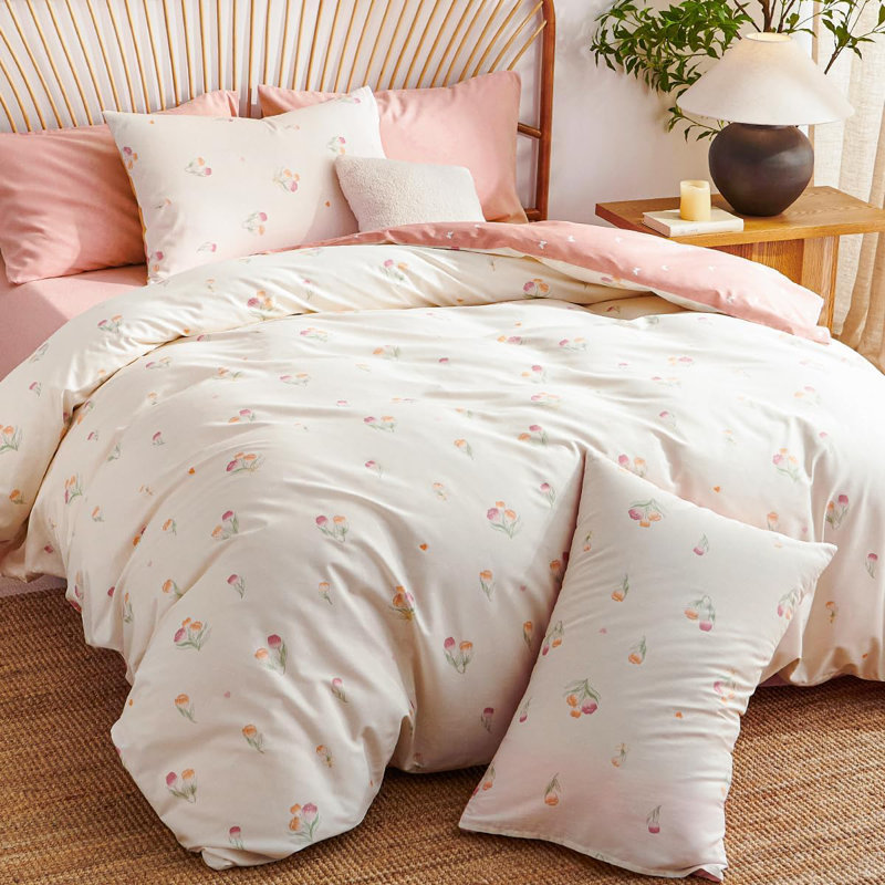 Pink Floral Duvet Cover Cotton Duvet Cover Set Flower Butterfly Comforter Cover Soft Breathable