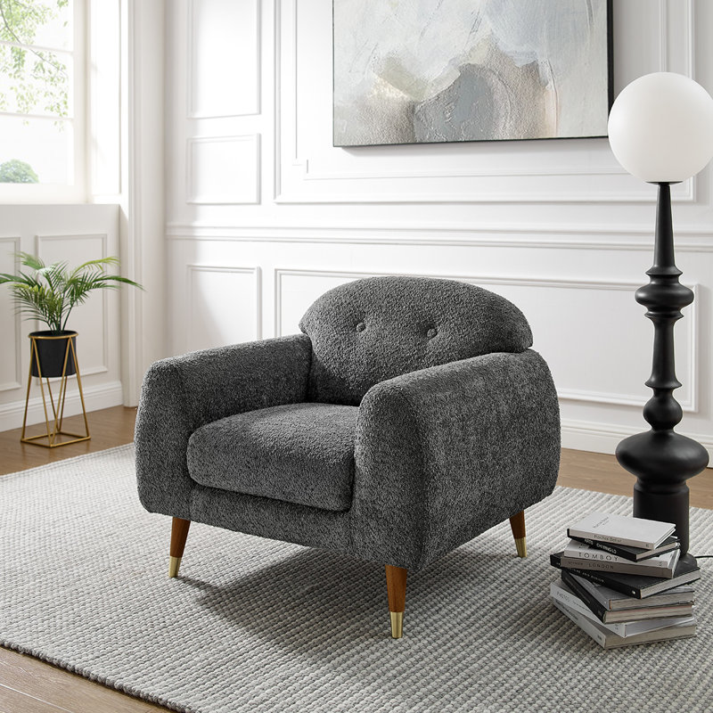 Elishah 96Cm Wide Tufted Armchair, Grey Boucle, Brown