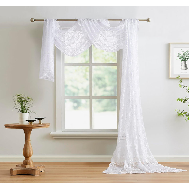 LEA 216 Inches Sheer WhiteLace Window Scarf for Vintage Decor, 54" W x 216" L, White