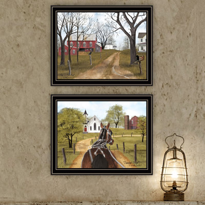 2 Wall Art For Living Room And Bedroom - Sunday Drive & Old Dirt Road Black Framed Print Multicolor Decoration Piece Home Decor