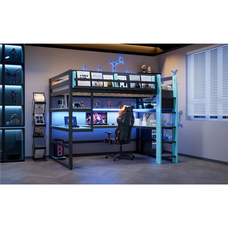 Lit mezzanine double en bois avec bureau, support de rangement latéral, tablettes multiples et lumière RVB, bleu nuage