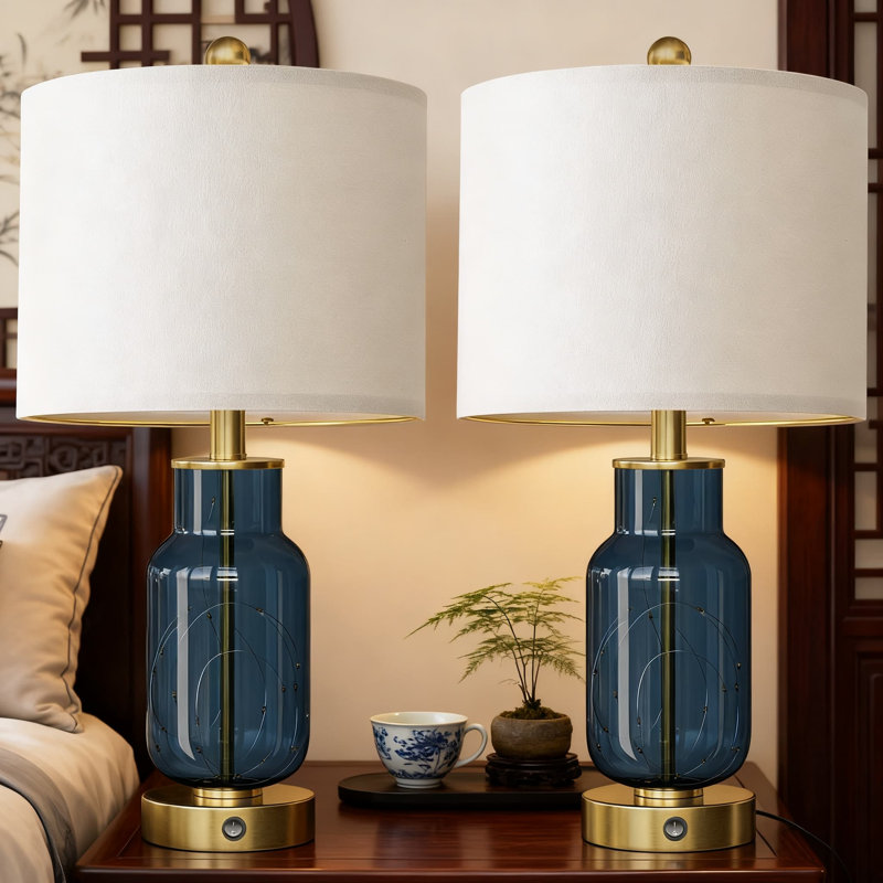 Ensemble de 2 lampes de table en verre de 22 pouces avec lampe de chevet moderne avec veilleuse à DEL, ports de charge USB et de type C pour le salon, la chambre à coucher, le bureau et les ampoules