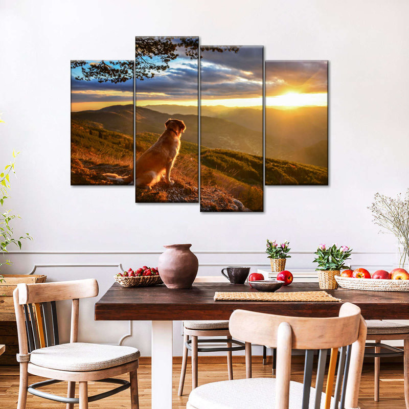 Chien regardant un lever de soleil sur toile 4 pièces, H 27 po x l 43 po x P 1,25 po