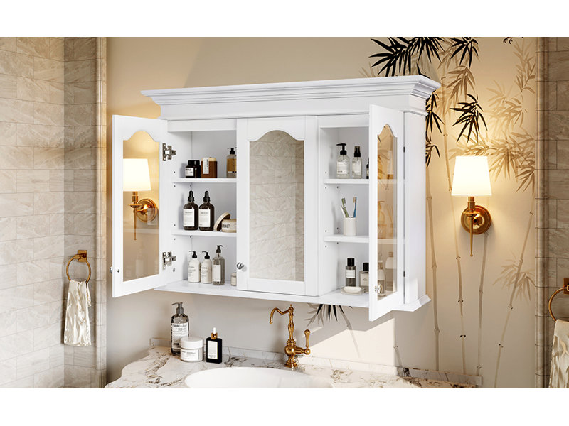  Armoire à pharmacie 40 po avec miroir, armoire de rangement murale de salle de bain avec tablettes et portes en verre, blanc