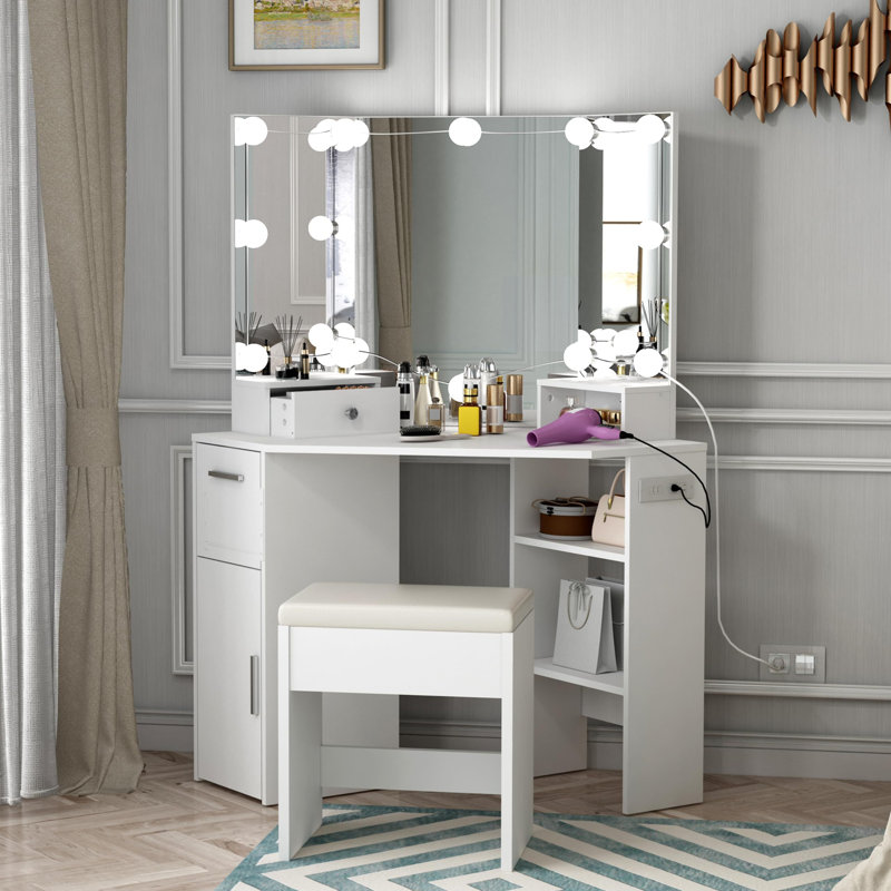 Ensemble de meuble-lavabo de coin avec station de charge, bureau de meuble-lavabo avec lumières