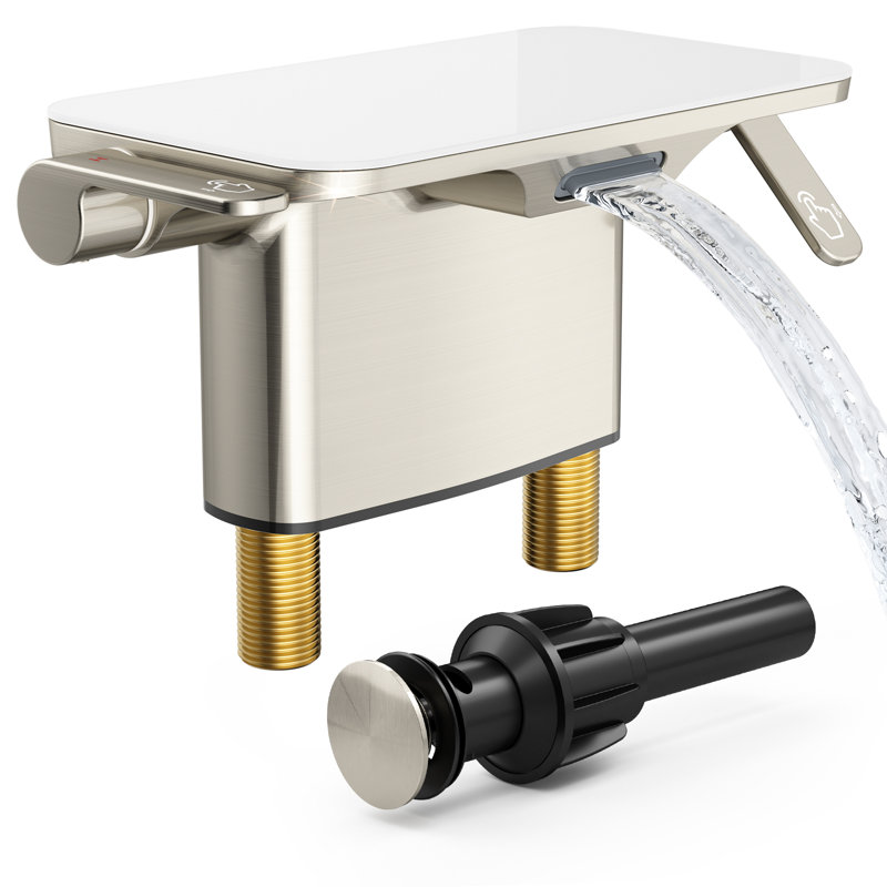 Robinet pour salle de bain à poignée double 4 pouces avec tablette en verre nickel brossé Modern, Nickel brossé
