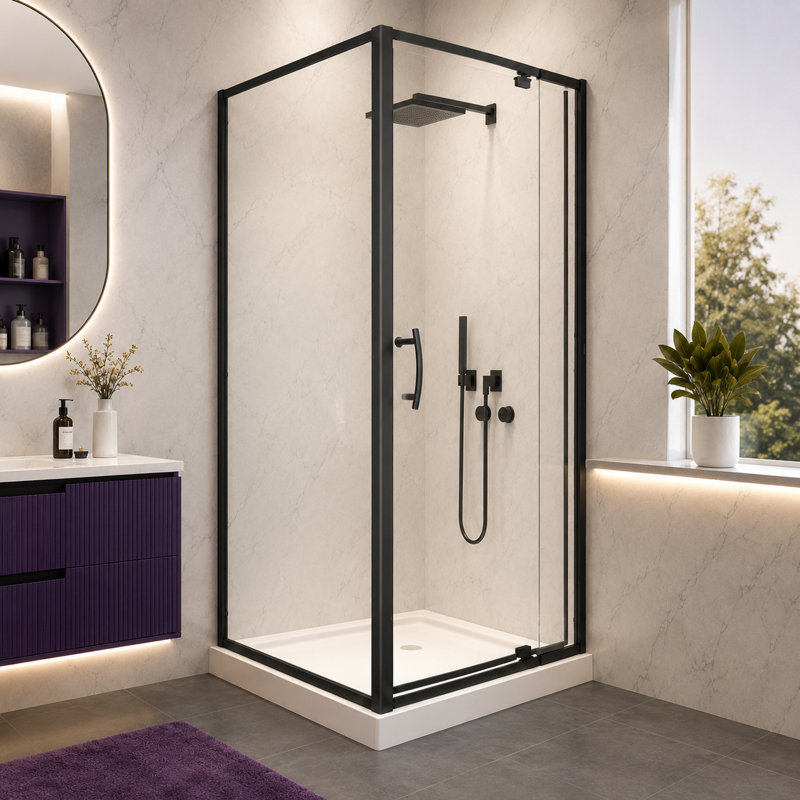 Cabine de douche d'angle semi-encadrée avec verre trempé de 6 mm, charnière pivotante à assistance de levage et porte réversible