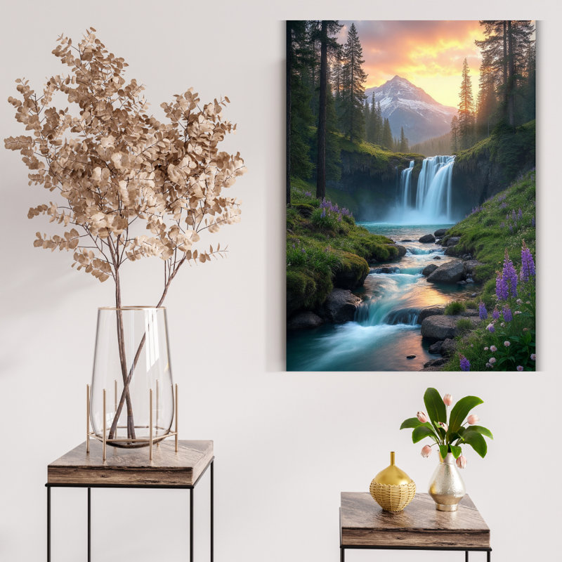 Art mural en verre trempé Waterfall Mountain, H 20 po x l 16 po