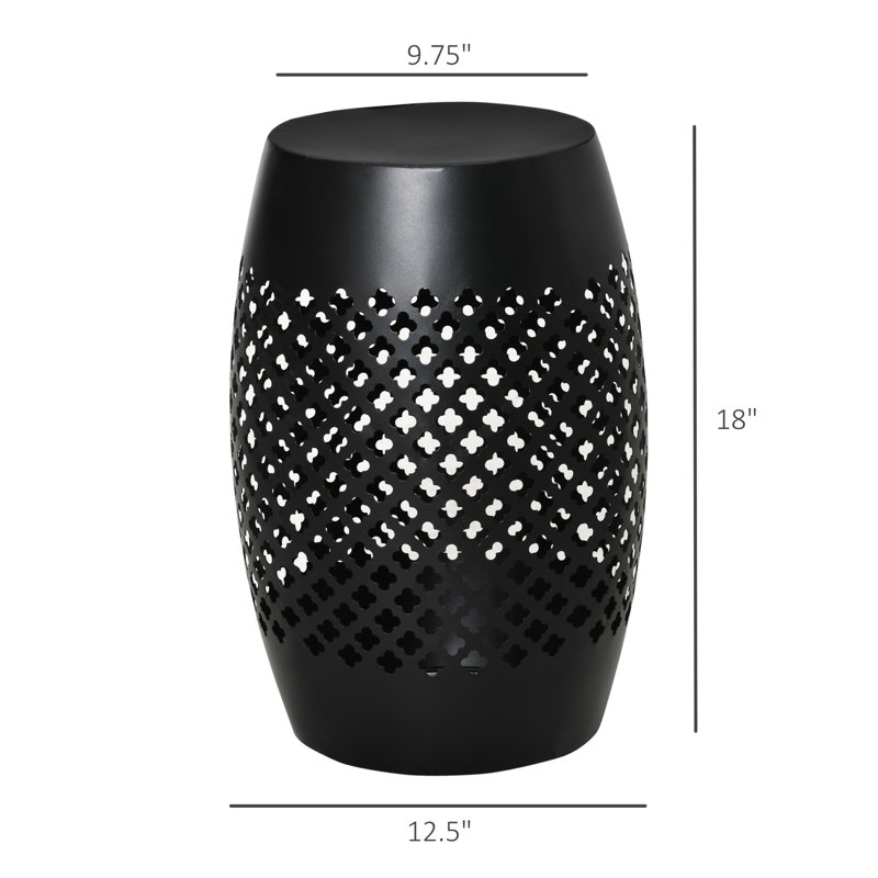 Black 12.5" Patio Table, Steel Round Hollow Drum Side Table For Indoor Outdoor, , Wipe Clean Geometric Design Outdoor End Black, , Stain-, Pattern
