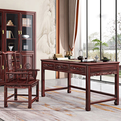 Chinese-style Carved Design 3-drawer Desk