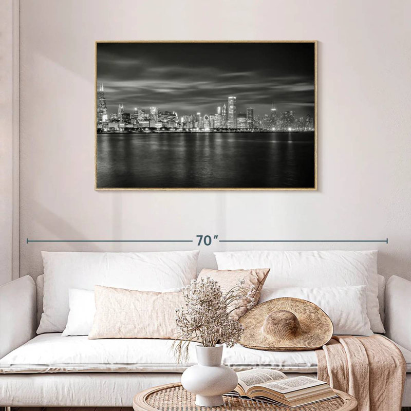 Chicago City - monochrome, 43 po x 29 po, Cadre flottant en bois naturel