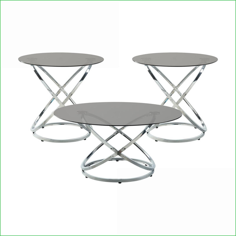 Ensemble de tables basses 3 pièces Modern avec plateau en verre trempé noir Base en métal chromé pour le salon, facile à nettoyer