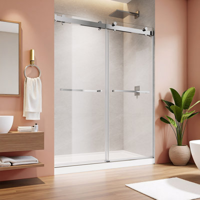 Porte de douche coulissante double de 142-152 cm (L) x 193 cm (H) avec verre trempé de 10 mm, rail en acier inoxydable et finition chromée.