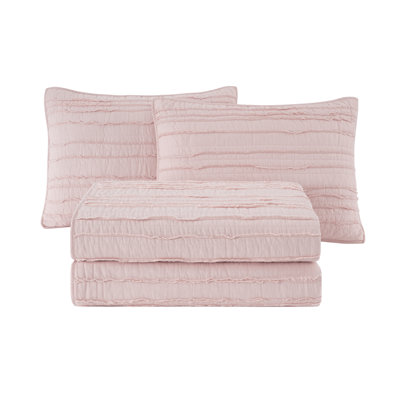 Pre-Washed Solid Cotton Soft-Finished Ruffled Quilt Set