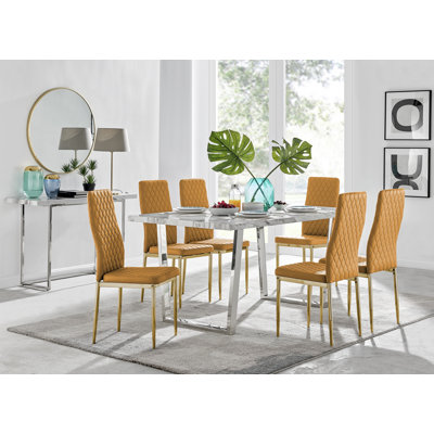 Edzard Stylish Chrome and Marble Effect Dining Table Set with 6 Luxury Faux Leather Dining Chairs
