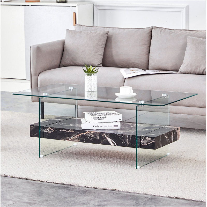 Rectangular Floating Double-Layer Coffee Table, Black Glass Legs, Black