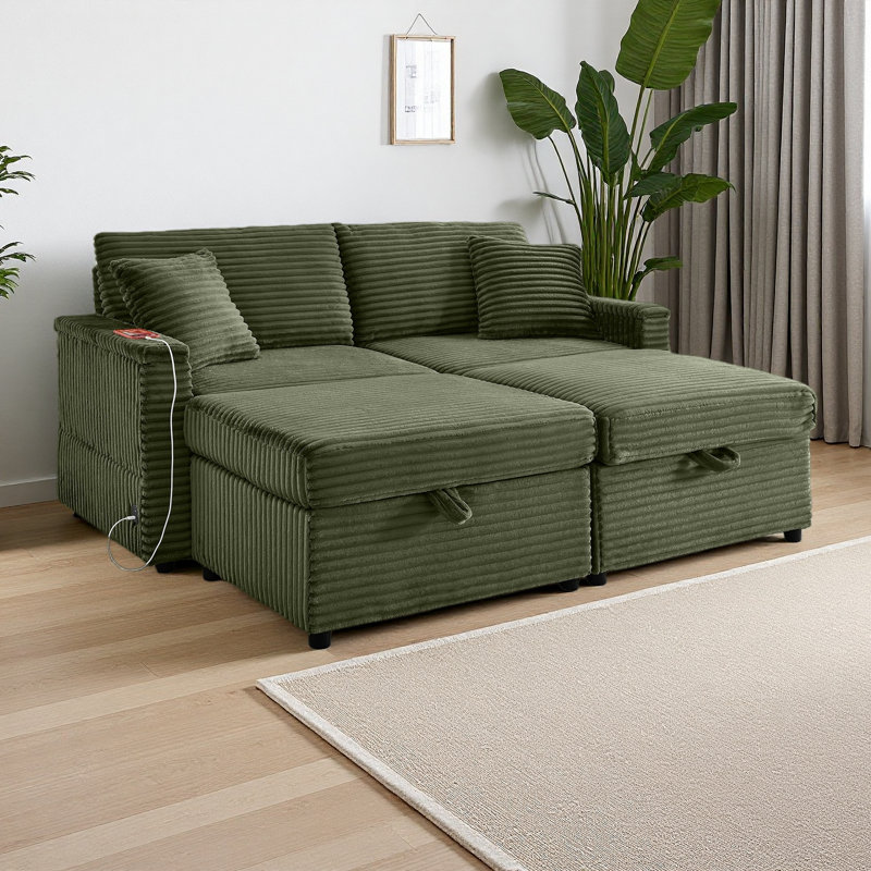 Canapé confortable moelleux en velours côtelé, espace de rangement pour grande causeuse, méridienne super moelleuse avec repose-pieds double et table de bout