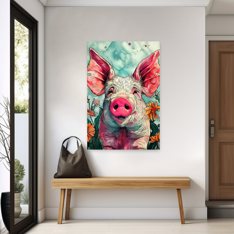 Art souriant, cochon souriant dans des fleurs, 60" H x 40" W