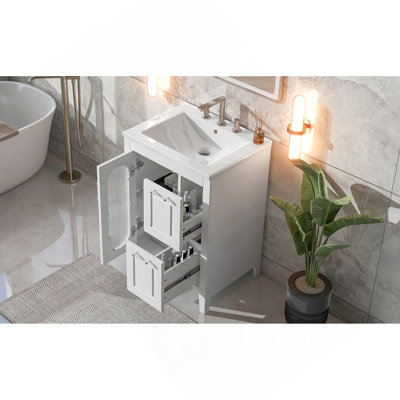 Meuble-lavabo de 24 po avec lavabo, meuble-lavabo avec deux tiroirs et porte, tablette réglable, bois massif et panneau de fibres à densité moyenne, blanc (ancien numéro de référence: N725P245273K)
