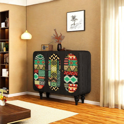 Buffet polyvalent en bois massif à motif artistique