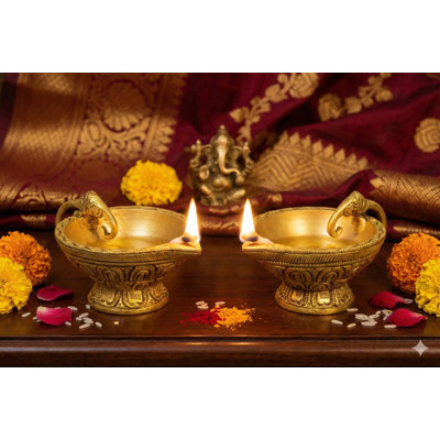 Pair of Brass Diya Oil Lamps with Elephant Handle | Handmade Traditional Indian Puja Room Decor | Set of 2 Decorative Candle Holders for Altar & Home