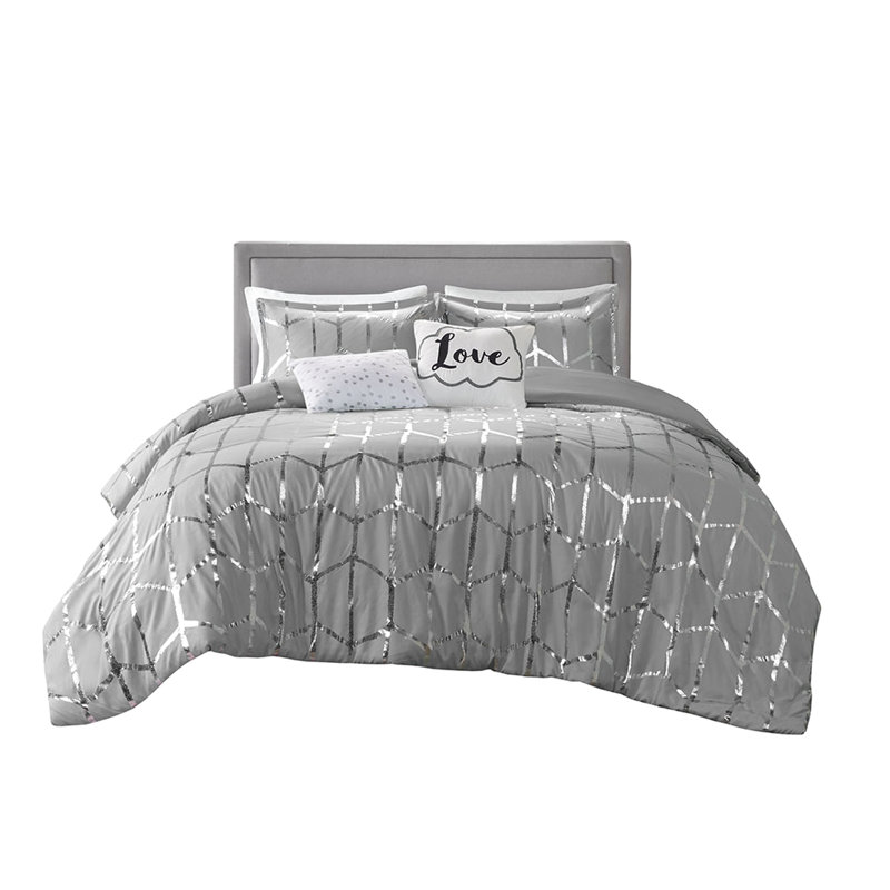 Très grand / très grand édredon en gris et argent, motif géométrique, confortable, 2 taies décoratives, coussins décoratifs, fer à vapeur pour une douceur avec imprimé métallique argenté, tissu doux, literie Keep